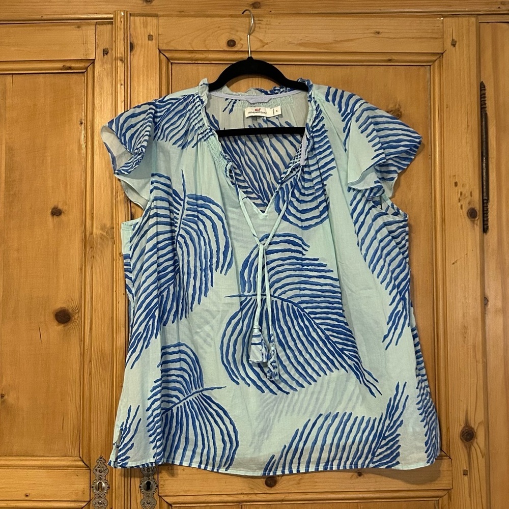 Vineyard Vines Women’s Blue and  Aqua Leaf Print Cap Sleeve Blouse Sz XL